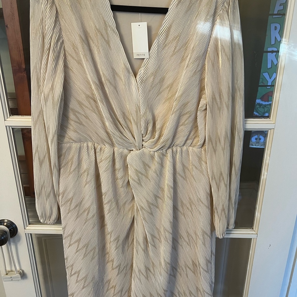 Cato Metallic Champagne Twist-Front Long Sleeve Dress